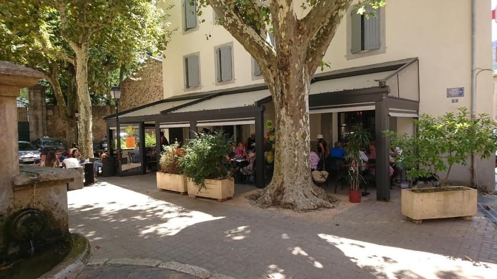 La place du village : platane, terrasse de la brasserie et façades de pierre