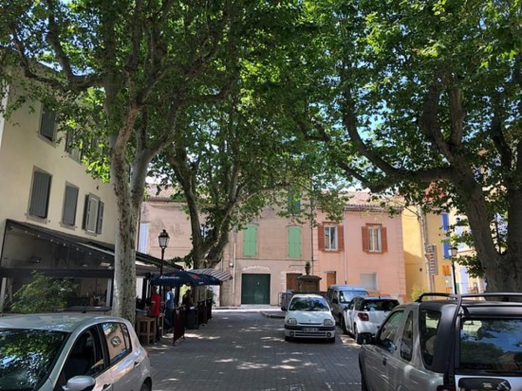 La place ombragée devant la brasserie, avec des voitures garées